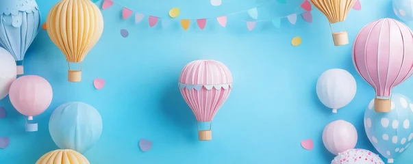 Poster frame with hot air balloons for happy birthday, mockup, copy space.