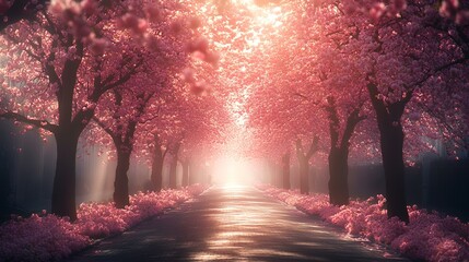 Sunlit Cherry Blossom Path Spring road through blooming trees, misty morning light. Ideal for serenity, travel, or nature themes