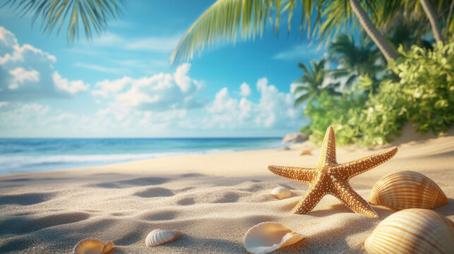 A serene beach with golden sand, vibrant palm trees, and a starfish resting among seashells under a clear blue sky