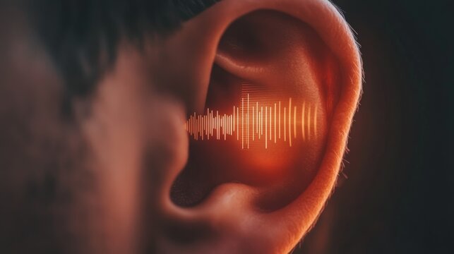 Close up of an ear with a sound wave entering the ear canal, representing the process of hearing and its connection to audiology and sound perception