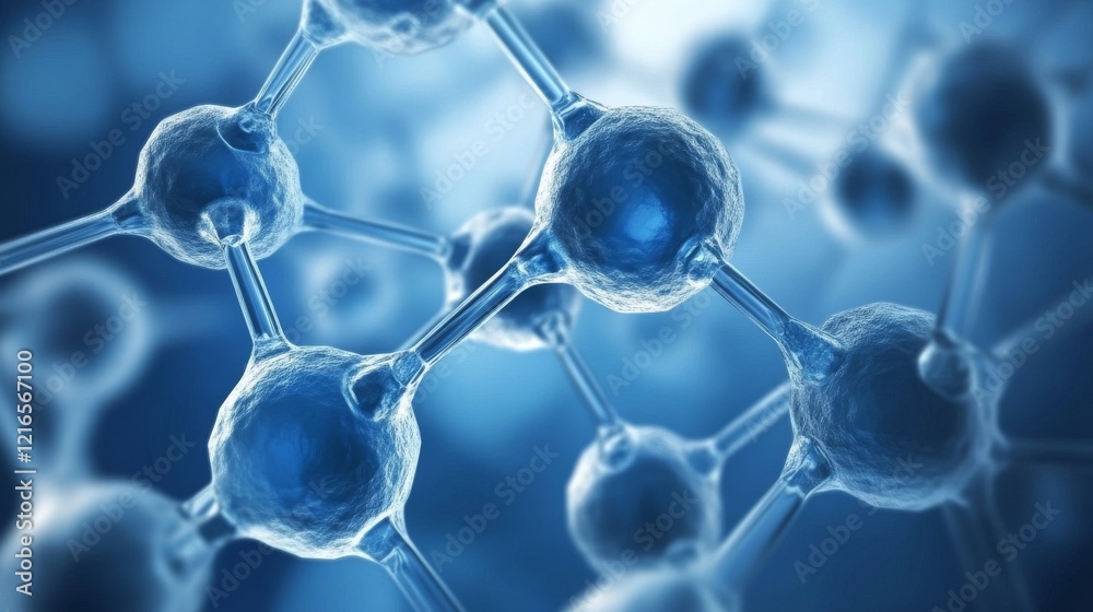 Wall mural abstract blue molecule background featuring interconnected atomic structures and glowing particles, 