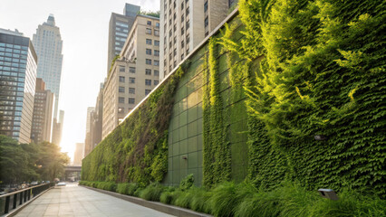 vibrant green wall covered in lush plants enhances urban setting, showcasing nature beauty amidst city buildings