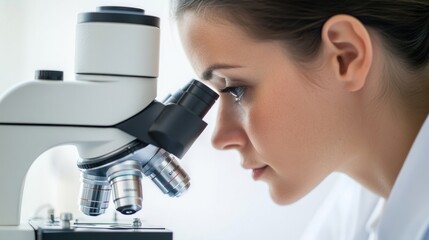 A close-up of a medical researcher examining a sample under a microscope, with a clean, white backdrop