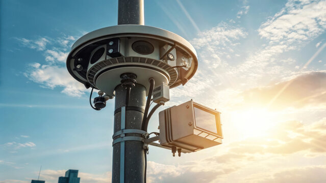 Urban air quality sensor mounted on pole, monitoring environment