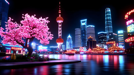 Vibrant City Nightscape with Illuminated Cherry Blossom Tree