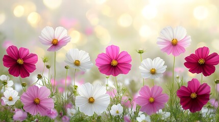 Vibrant cosmos flowers in a sunlit field, bokeh background; perfect for spring/summer greeting cards