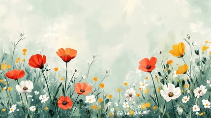 Vibrant wildflowers bloom in a tranquil meadow; serene landscape for home decor