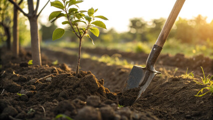 Planting young tree with shovel in freshly tilled soil during sunset