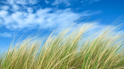 Obraz premium Windswept beach grass under a bright blue sky; perfect for travel brochures or websites