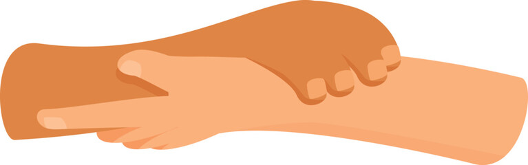 Two hands of different colors are holding each other, symbolizing racial equality, friendship, and mutual support