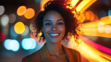 Fototapeta premium A young Black woman with curly hair smiles brightly against a backdrop of vibrant city lights. Her joyful expression and the warm colors create a captivating image.