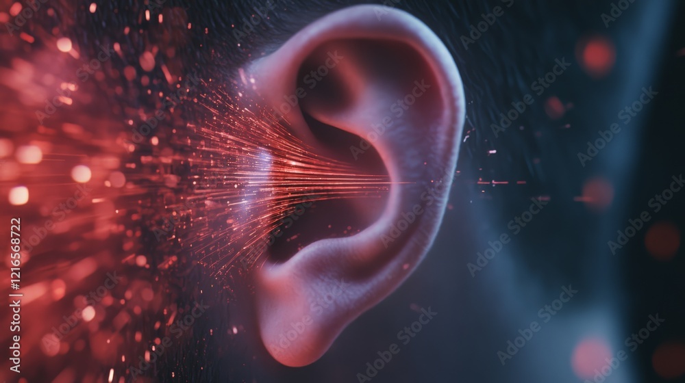 Poster Visualizing sound waves entering the human ear through dynamic red and orange streaks of light, illustrating the intricate mechanisms of auditory perception and hearing