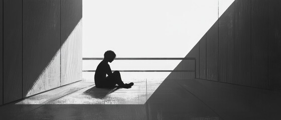 silhouette of lonely person sitting on floor in minimalist architectural space