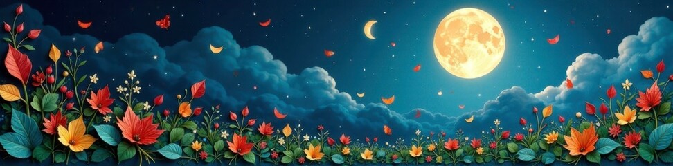 Delicate quilled leaves dance in the gentle breeze under a full moon, quilling art, airy