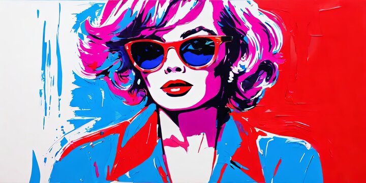 A woman with red hair and sunglasses is painted on a red background
