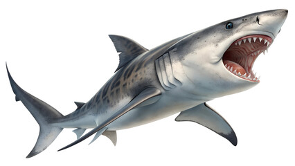 Naklejka premium A high-resolution of a tiger shark lunging forward with its jaws agape, set against a clean white backdrop png transparent cut out social media post high quality 