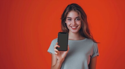 young woman using mobile phone, An attractive young woman holding a smartphone towards the camera with one hand, happy expression, advertisement vibe, orange color background.