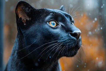 Majestic Black Cat in Autumn Rain with Intense Stare for Wildlife Photography