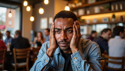 Middle-aged Black man feeling social anxiety in crowded cafe, human phobias