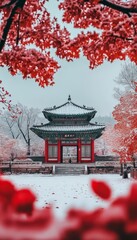 Traditional Korean Architecture Amidst Winter Snowfall and Vibrant Red Leaves, Serenity and Beauty.