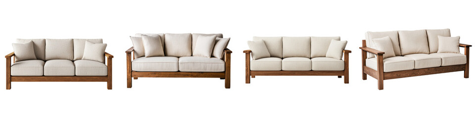 Fototapeta premium Elegant and minimalist living room furniture collection featuring a comfortable sofa matching armchairs and a wooden side table in warm