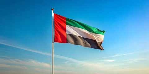 UAE flag fluttering in gentle wind on National Day celebration grounds, UAE national holiday, national day celebrations