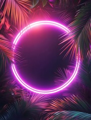 Neon purple circle frame on a dark background of palm leaves.