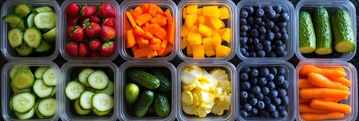 colorful, fresh fruits and vegetables in plastic containers including strawberries, blueberries, cucumbers, carrots, yellow bell peppers