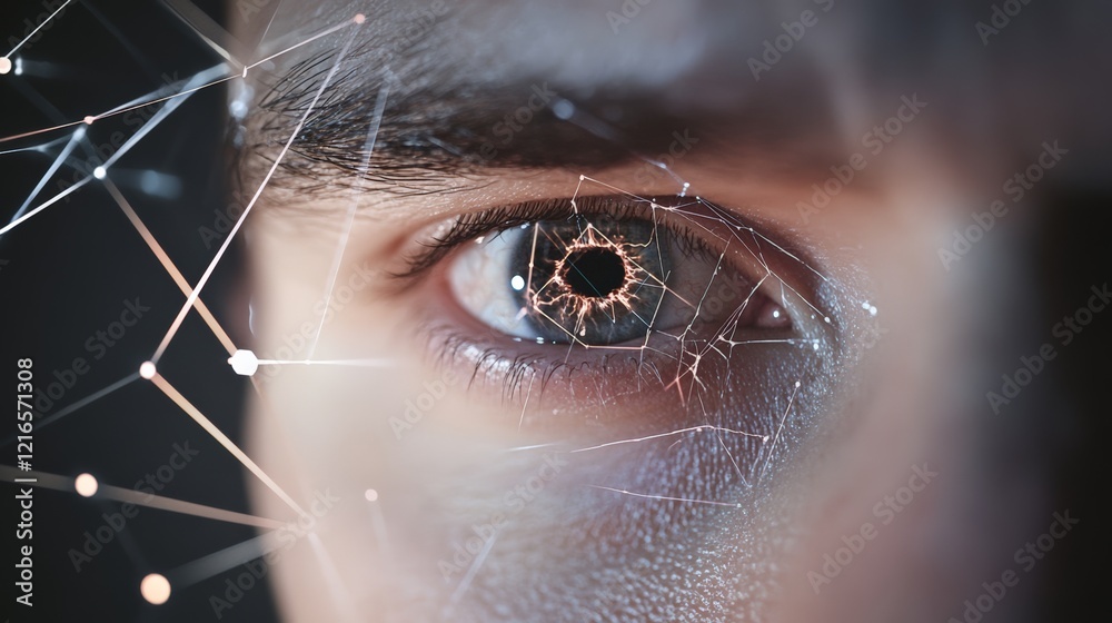 Aufkleber Close up of a human eye showcasing futuristic vision, featuring a digital network connection overlaid on the iris, symbolizing technological enhancement or visual data analysis