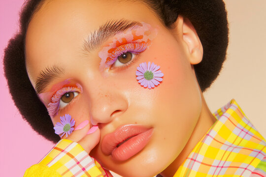 A colorful fashion portrait featuring pastel tones and floral eye details. Vibrant and artistic makeup look with soft lighting.