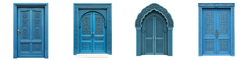 Obraz premium Stunning ornate wooden entrance door featuring intricate carved patterns and arabian architectural details in traditional Moroccan style The historic