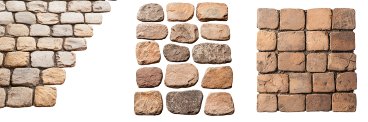 Weathered aged and rustic stone and brick wall textures with interesting patterns and surfaces  These natural wall materials can be used as backgrounds design elements