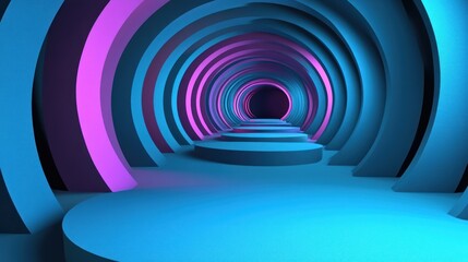 Abstract Neon Tunnel Blue Purple Circles 3D Render Design