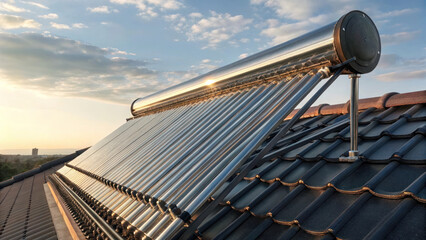 detailed shot of rooftop solar water heater reflecting sunlight