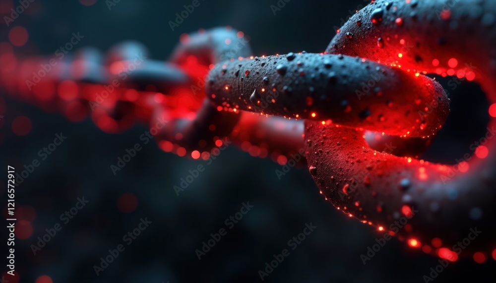 Aufkleber Abstract image of glowing red chain link. Dark background emphasizes vibrant red light emanating from metallic links. Chain link pattern three dimensional form, closeup view. Red light highlights