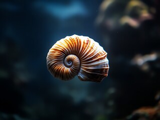 Close-up of a spiral seashell floating in a deep blue ocean background, showcasing natural beauty.