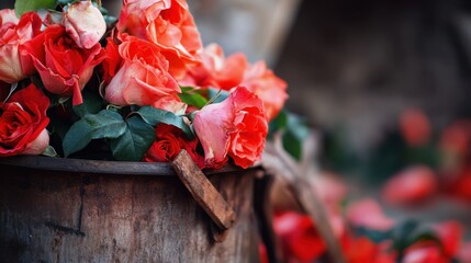 Fresh Vibrant Roses in Rustic Wooden Bucket Surrounded by Petals and Greenery