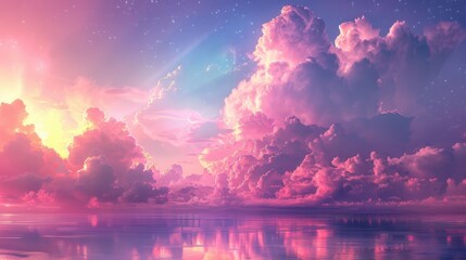Stunning Pink and Magenta Clouds Over Serene Landscape for Tranquil Backgrounds