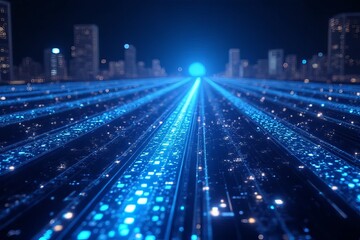 Fototapeta premium Futuristic cityscape with glowing blue lines and digital elements creating a dynamic perspective.