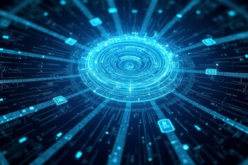 Fototapeta premium Futuristic digital circular design with glowing lines and data elements.