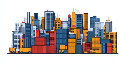 A stylized cityscape illustration showcasing diverse building heights and vibrant colors