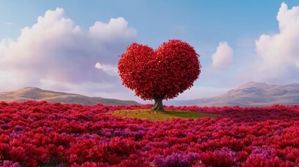 Vibrant Heart-Shaped Tree Amidst Colorful Flower Field Under Blue Sky