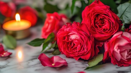 Romantic Arrangement of Red Roses with Soft Candlelight on Marble Surface