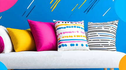 Colorful Pillows on a White Sofa Against a Blue Wall with Geometric Patterns