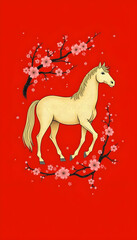 Año nuevo chino del caballo. Fondo rojo con espacio para texto. Animal dorado, flores hibiscus asiáticas
