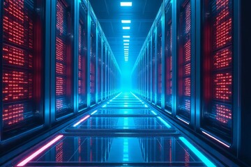 Fototapeta premium Futuristic data center corridor illuminated by blue and red lights.