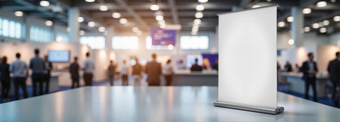 Trade Show Banner Mockup on tabletop with blurred event background