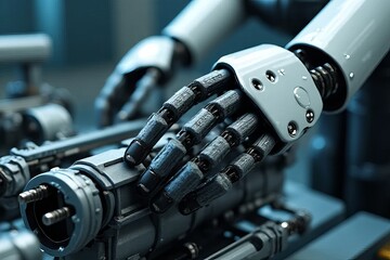 Fototapeta premium Mechanical robotic hand interacting with machinery in a futuristic setting.