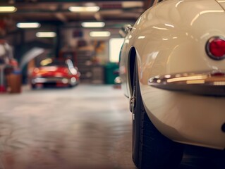 Detail of a classic white car parked in a vintage garage