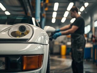 White car being polished in a garage